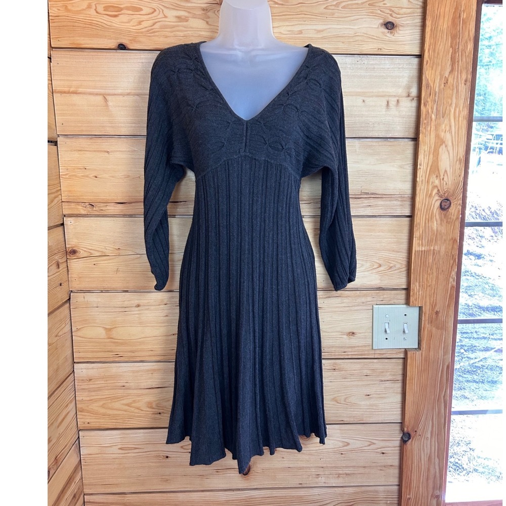 Max Studio Charcoal Grey Ribbed Knit V-Neck Embroidered Fit and Flare Dress